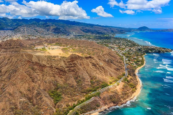 Aerial view of coastline and turquoise water