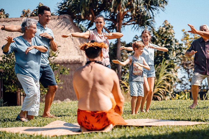 Group hula dancing on a grassy outdoor stage